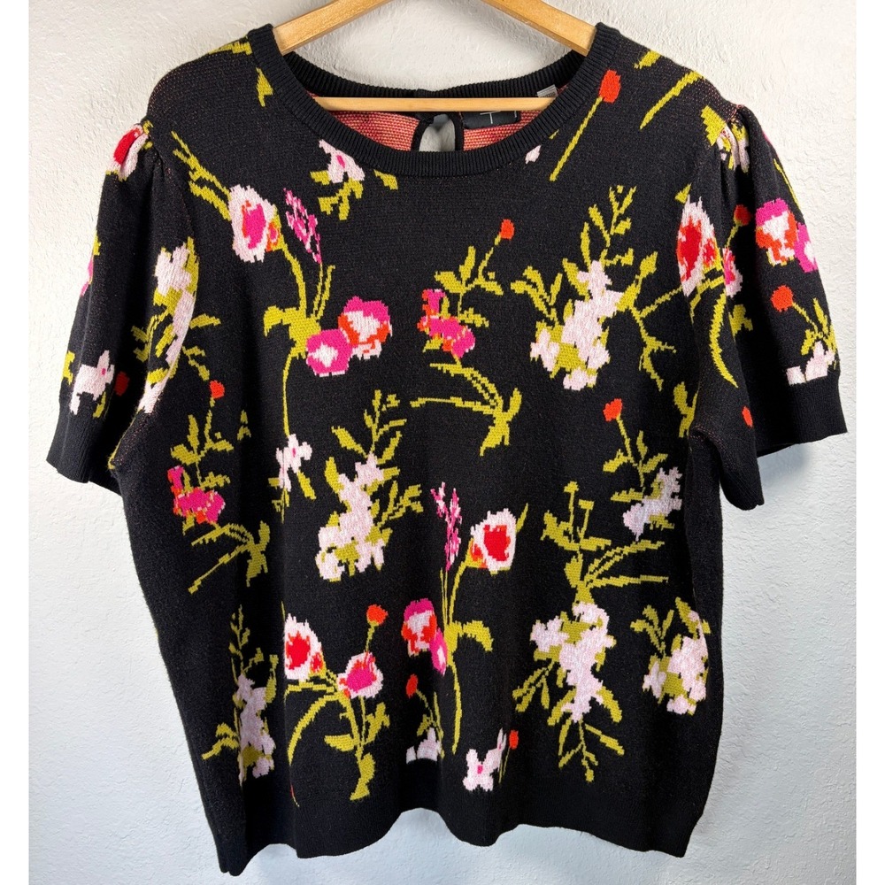 Tahari Floral Puff Sleeve Knit Sweater Top 3X Black Cottagecore Granny Boho
